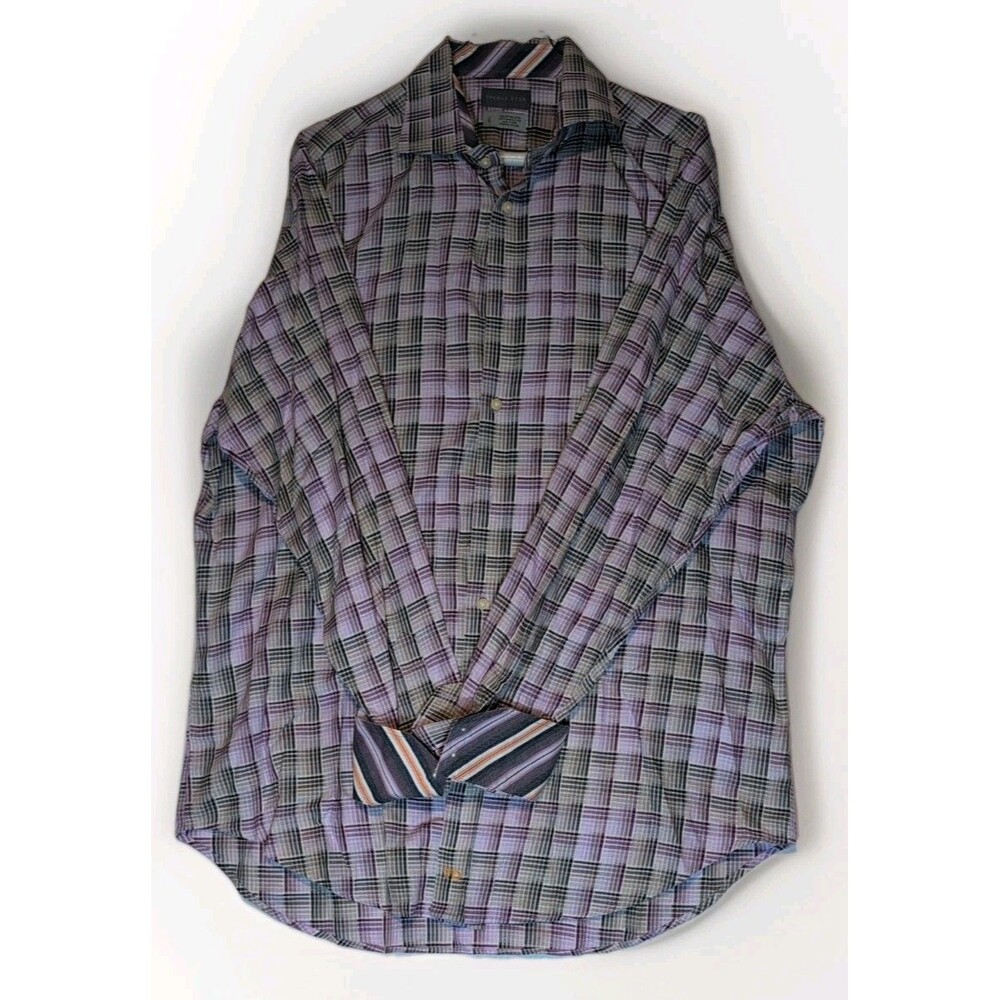 Thomas Dean Shirt Mens L Purple Gray Plaid Contrast Flip Cuff